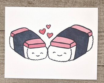 Two Spam Musubi Love Card, Anniversary, Kawaii Japanese American Illustration