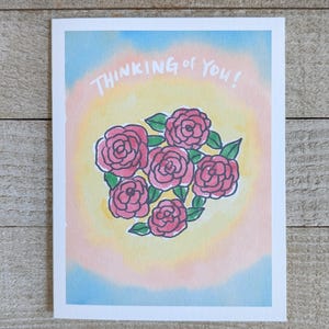 Tarjeta de flores, hola, todos los días, pensando en ti, hawaiano, tarjeta en blanco, dibujada a mano, rosas rosadas, peonía, acuarela, dibujado a mano, campo