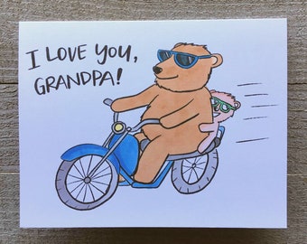 I love you, grandpa bear on a motorcycle with grandchild baby bear, little granddaughter or grandson, hugs, riding bike, sunglasses, hipster