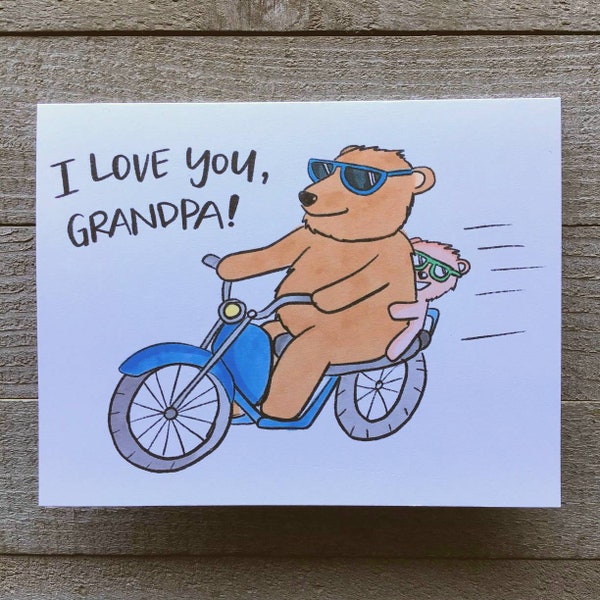 I love you, grandpa bear on a motorcycle with grandchild baby bear, little granddaughter or grandson, hugs, riding bike, sunglasses, hipster