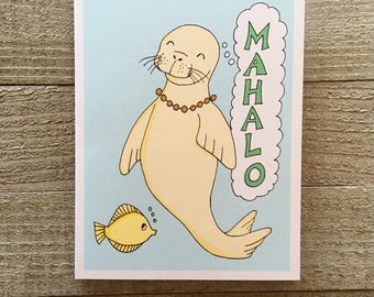 Monk Seal Thank You Card, Mahalo Cards, Hawaiian Monk Seal, Hawaiian theme Card, Thank You Card, sea lion, seal, ocean, aquarium island