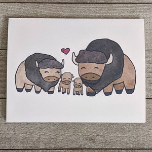 May include: A watercolor illustration of a family of bison. Two adult bison are standing side-by-side with their two calves in front of them. A red heart is above the adults.