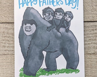 Gorilla Dad and three children, Happy Father’s Day Card, from son, daughter, 3 kids, to daddy, involved father, silver back, ape, alpha male