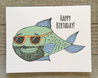 Happy Bearded Fish Birthday Card, Sunglasses, Hipster Guy, Father Husband Gift