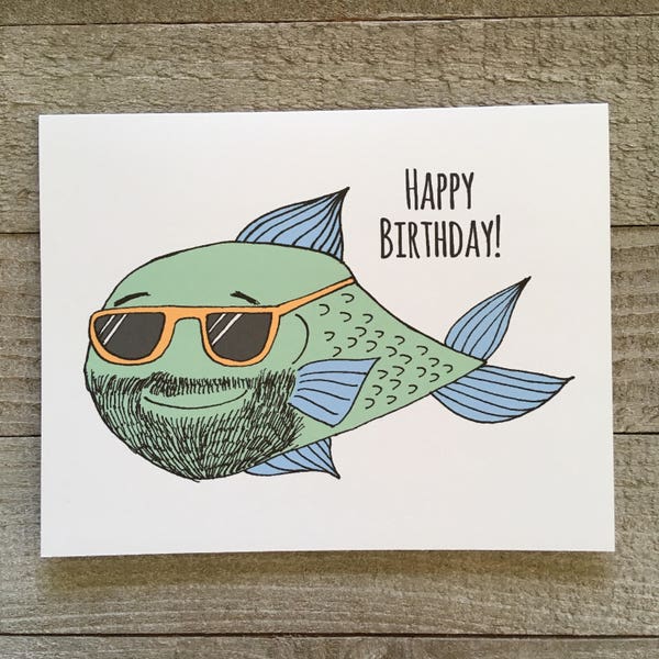 Happy Birthday Card, fisherman birthday,  bearded man card, male birthday, for dad, father, uncle, husband, boyfriend, lover, hipster, fish