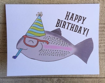 Trout Birthday Card, Hipster Fish Illustration, Fisherman Gift (Blank Inside)