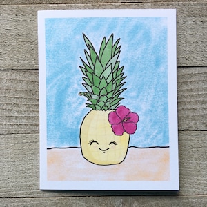 Piña hawaiana hula chica tarjeta de felicitación en blanco, todos los días, hibisco, flor, aliento, amistad, solo porque tarjetas