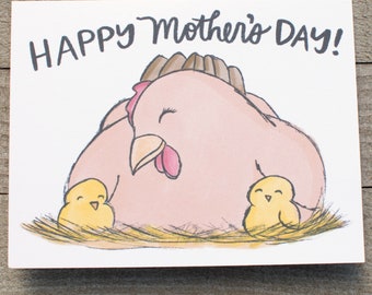 Mother Hen with Chicks, Mother's Day Card, For Mom, Mom of two, two kids, children, mama chicken, farm animals, For a mother with two