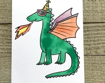 Dragon Birthday Card, Hand Drawn, Watercolor, Digital Drawing, Pencil and paint, Blank Birthday Card, Year of the Dragon, Chinese New Year