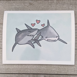 Couple de requins amoureux, carte de vœux intérieure vierge, aquarelle, océan, animal aquatique, Saint-Valentin, anniversaire, carte d'amour, juste parce que