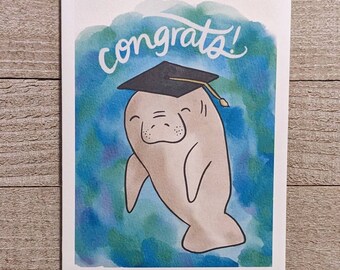 Graduation Card, Manatee Illustration, Congrats Graduate Greeting Card