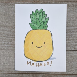 Carte MAHALO ananas, carte de remerciement, thème Hawaï, Aloha, dessiné à la main, aquarelle, illustration, pour maman, papa soeur oncle tante frère