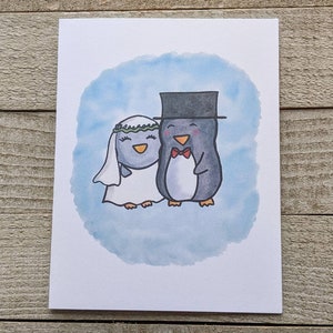 Carte de voeux de mariage de pingouin, couple de pingouins, mari et femme, félicitations, pour un ami, une famille, pour la célébration du jour du mariage