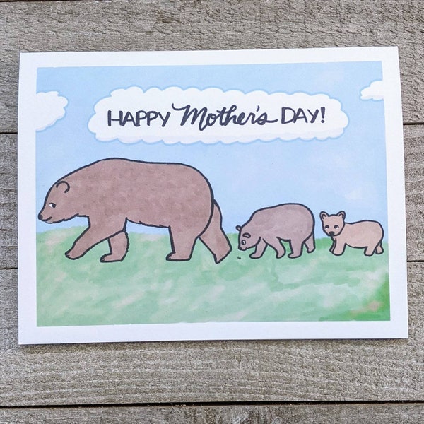 Bear mama with two little bear cubs, mother's day card with two kids, children, mother of two little ones, mommy of two, forest animal, love
