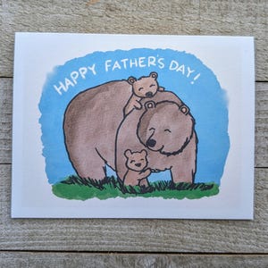 Bär Vatertagskarte, glücklicher Huckepack, neuer Vater, zwei Kinder, Kinder, Söhne, Töchter, süßer einzigartiger kawaii Liebes-Papa-Daddy, Wald, Aquarell