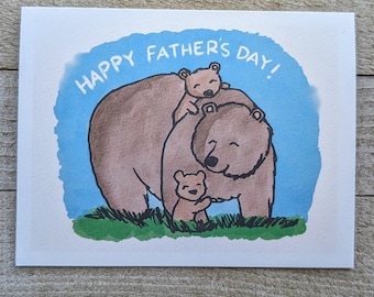 Bear father's day card, happy piggy back, new dad, two kids, children, sons, daughters, cute unique kawaii love papa daddy, forest, watercol