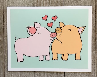 Anniversary Card, Pig Lover Greeting, Hand Drawn Illustration, Wedding Love Card