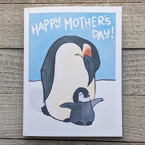Carte fête des mères pingouin, mère pingouin, fils, fille, maman, maman, bébé, mère enfant animal, mignon, amour, maman et moi, kawaii