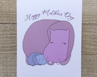 Hippo Mother's Day greeting card, blank hippopotamus greeting card, mother hippo and baby, son or daughter, co sleeping, crunchy mama