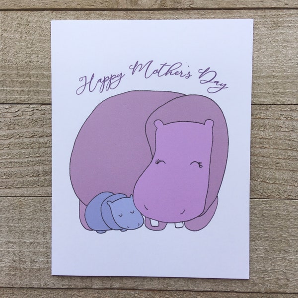 Hippo Mother's Day greeting card, blank hippopotamus greeting card, mother hippo and baby, son or daughter, co sleeping, crunchy mama