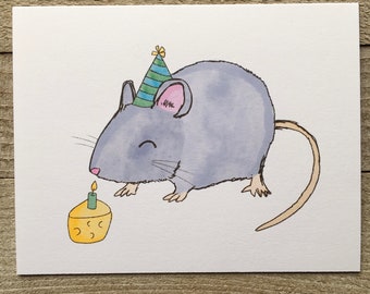 Hand Drawn Rat Birthday Card, Watercolor Pencil Illustration, Cheese Cake Candle
