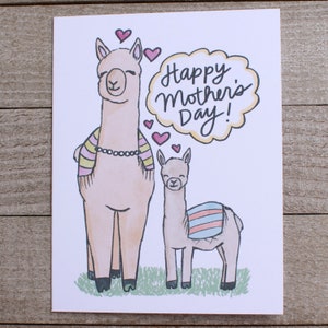 Mère lama avec enfant lama, carte de fête des mères, alpaga, maman, maman, maman, maman, bébé, un enfant, un et fait, fils, fille, blanc