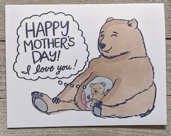 Pregnant Mother's Day card, mama bear and baby bear, unborn baby, from the bump, mom to be, soon to be mother, mother to be, grizzly bear