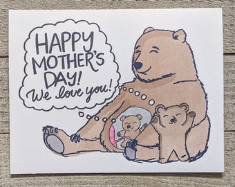 Pregnant Mama Bear with little kid mother's day card, prenatal with a toddler, baby bear, second baby, mom of one and one on the way, momma