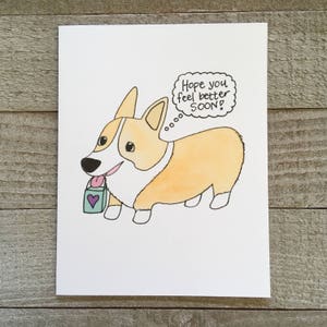 Carte de voeux Get Well Soon, se sentir mieux, amoureux des chiots mignons, chiot corgi, aquarelle, cancer, dessiné à la main, fait main, blanc