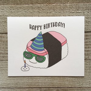 Spam Musubi Birthday Card, hawaiian, kawaii, beach, unique, pidgin, rice ball, Japanese American, Asian American, sunglasses, cool image 1