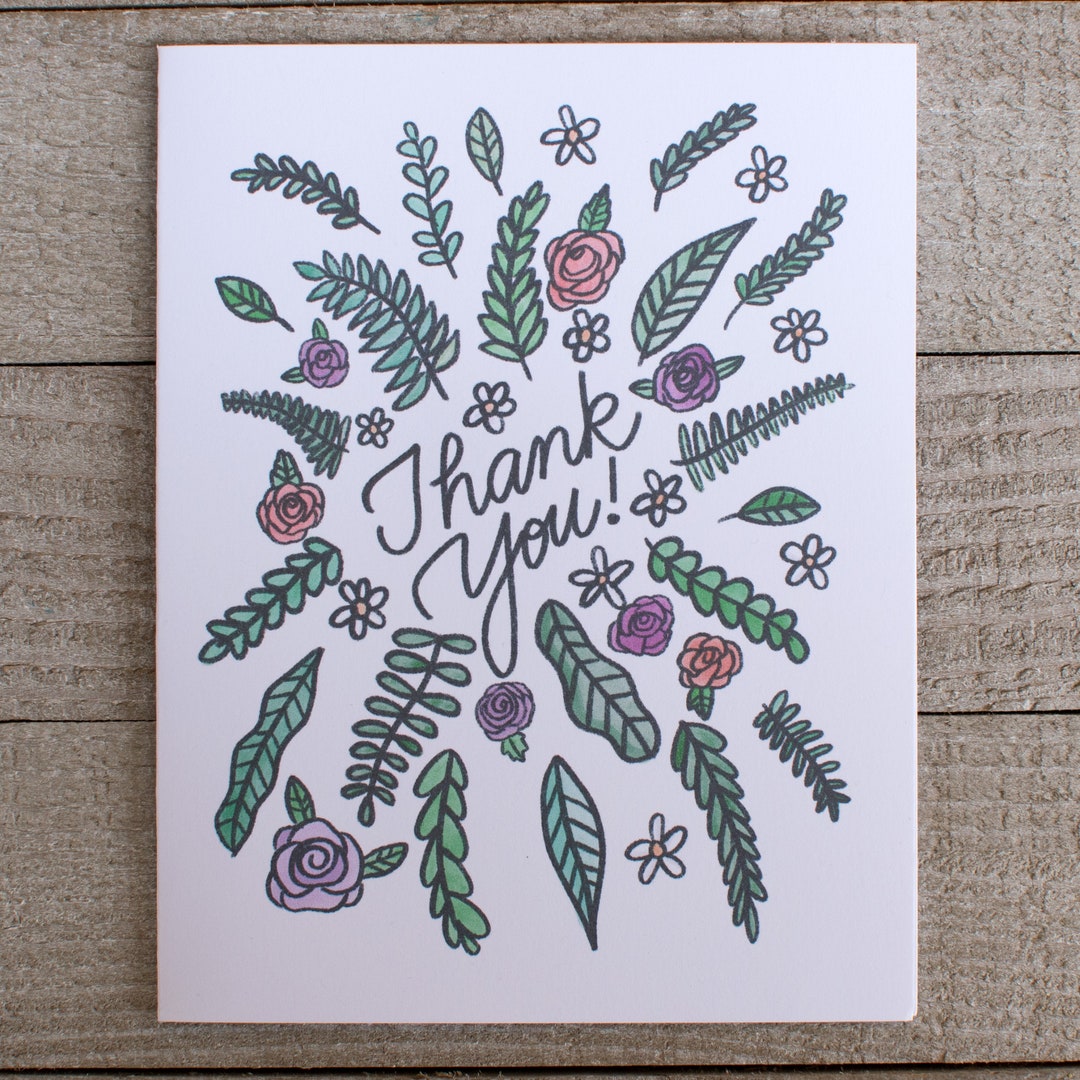 Hand Drawn Floral Thank You Card, Cursive Hand Lettering, Botanical ...