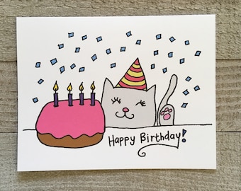 Hand Drawn Birthday Card, Gray Kitty Cat with Cake, Girl Greeting Card