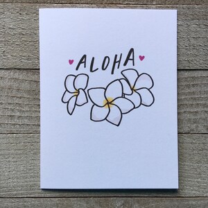Carte Aloha, bonjour, tous les jours, je pense à vous, hawaïen, carte vierge, dessinée à la main, plumeria, fleurs