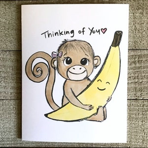 Je pense à vous, carte singe et banane, vierge, carte pour ami, parent, mère, père, soeur, frère, grand-mère, jolie illustration