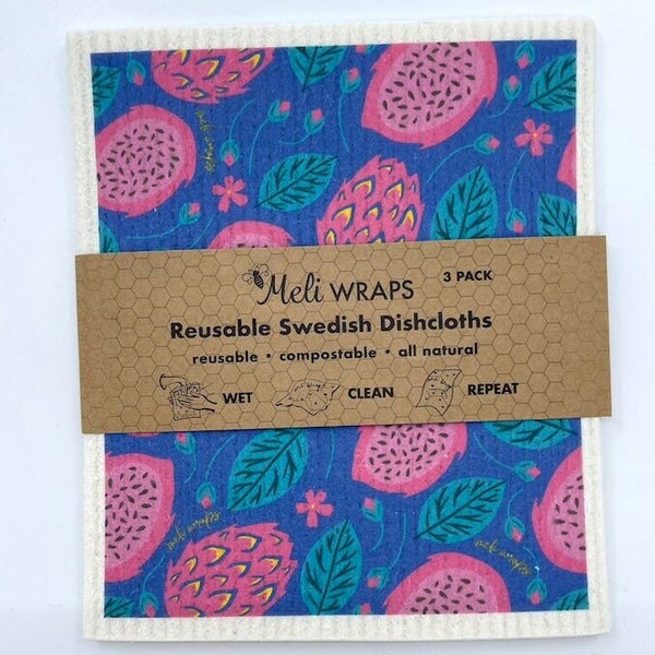 Set of 3 Dragonfruit Print Reusable Swedish Dishcloths Replace up to 17 rolls of paper towels!