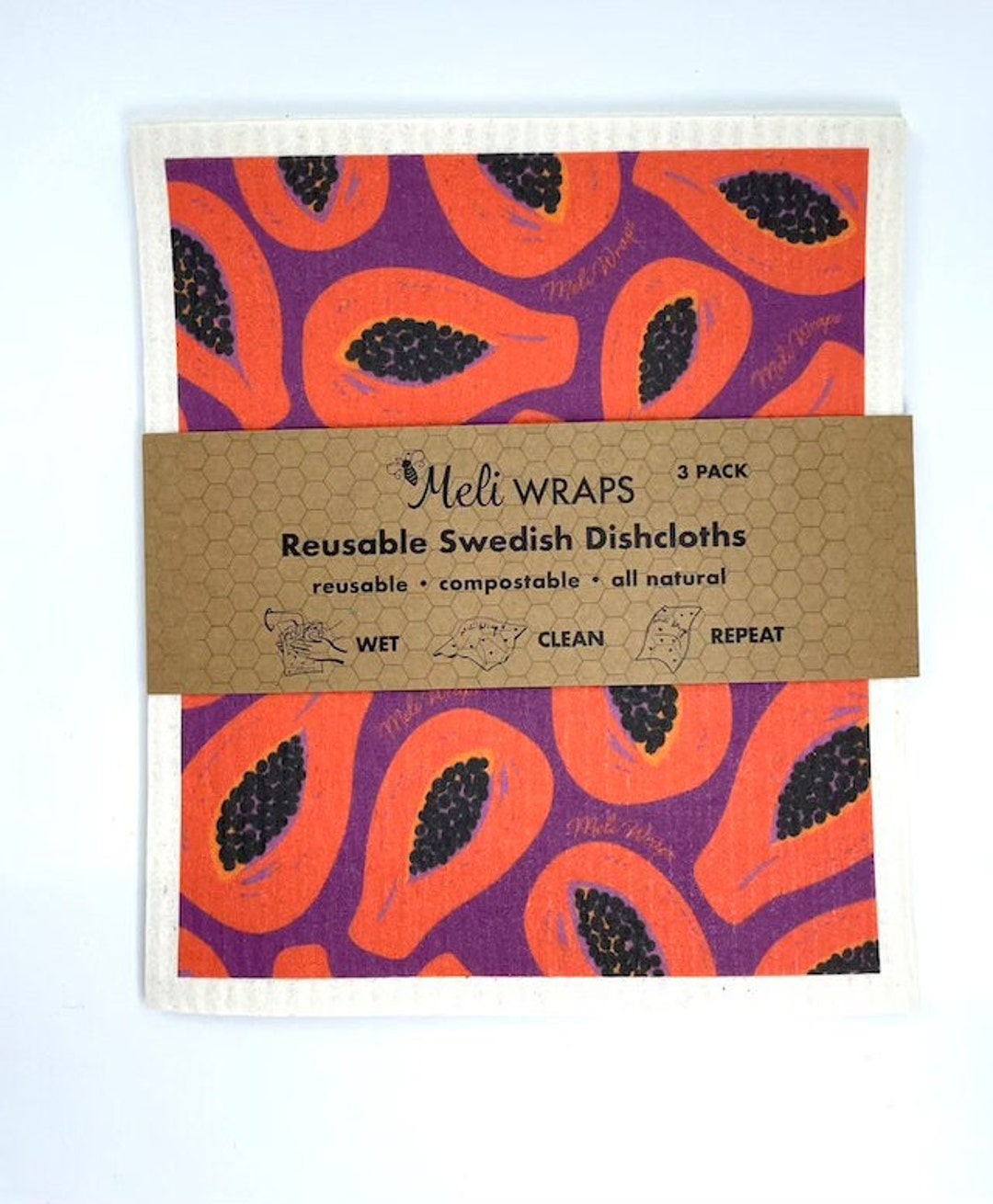 Set of 3 Papaya Reusable Swedish Dishcloth Cute Print and Eco Friendly