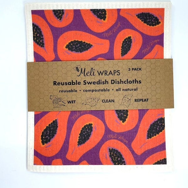 Set of 3 Papaya Reusable Swedish Dishcloth Cute Print and Eco Friendly!