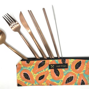 Reusable Travel Cutlery Eco Pack- Tropical Papaya print