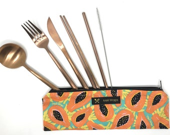 Reusable Travel Cutlery Eco Pack- Tropical Papaya print