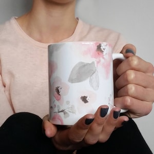 Mug featuring my watercolour floral 'Pretty in blush' design - soft greys, blush pink, peach and white - 1 day dispatch