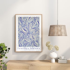 A4, A3, A2 Poster Kunst Druck - Ungerahmt - in meinem abstrakten Blatt Blau / Naturfarben Pinselstriche Design 'Feuilles Bleues'