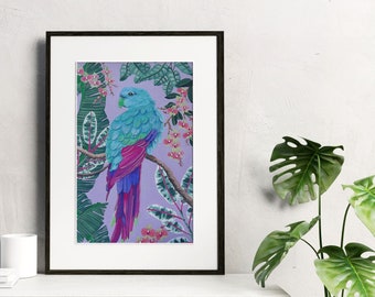 A4 Giclée Druck in meinem farbenfrohen 'Papagei' Design - Teil meiner 'Wild Wonders' Kollektion - tropische Vögel und Pflanzen in einer Dschungel Szene