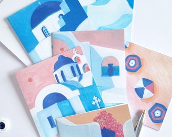 Hand-made mini notecard set, featuring my gouache Greek designs - 6x mini notecards and white envelopes