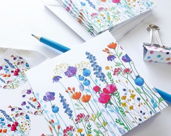 "Handgemachtes Mini-Grußkarten-Set mit meinem ""Colorpop"" Blumen-Aquarelldesign - 6x Mini-Grußkarten, Umschläge und Aufkleber."