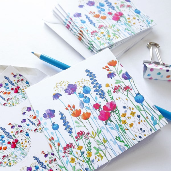 Hand made mini notecard set, featuring my 'Colourpop' floral watercolour design - 6x mini notecards, envelopes and stickers