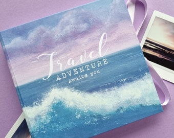 Handmade photo album / travel journal, featuring my original design 'Sea and waves'. Personalised wording of your choice