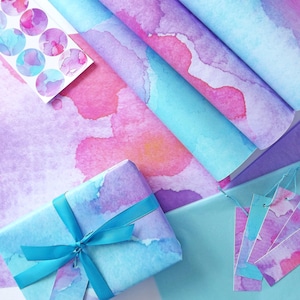 Gift wrap & gift tag sets, featuring my watercolour design 'Fluidity' - complete with ribbon, tissue paper and stickers