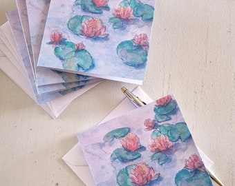 Hand made mini notecard set, featuring my waterlily design 'Magical Waters' - 6x mini notecards and white envelopes