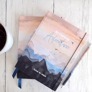 A5 hand made notebook / travel journal, featuring my 'Adventurer' watercolour design, with any text personalise your own image 1