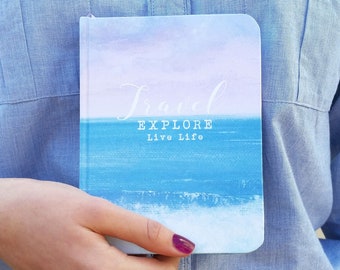 A6 hand made notebook travel journal, featuring my sea & waves design, personalise your own text